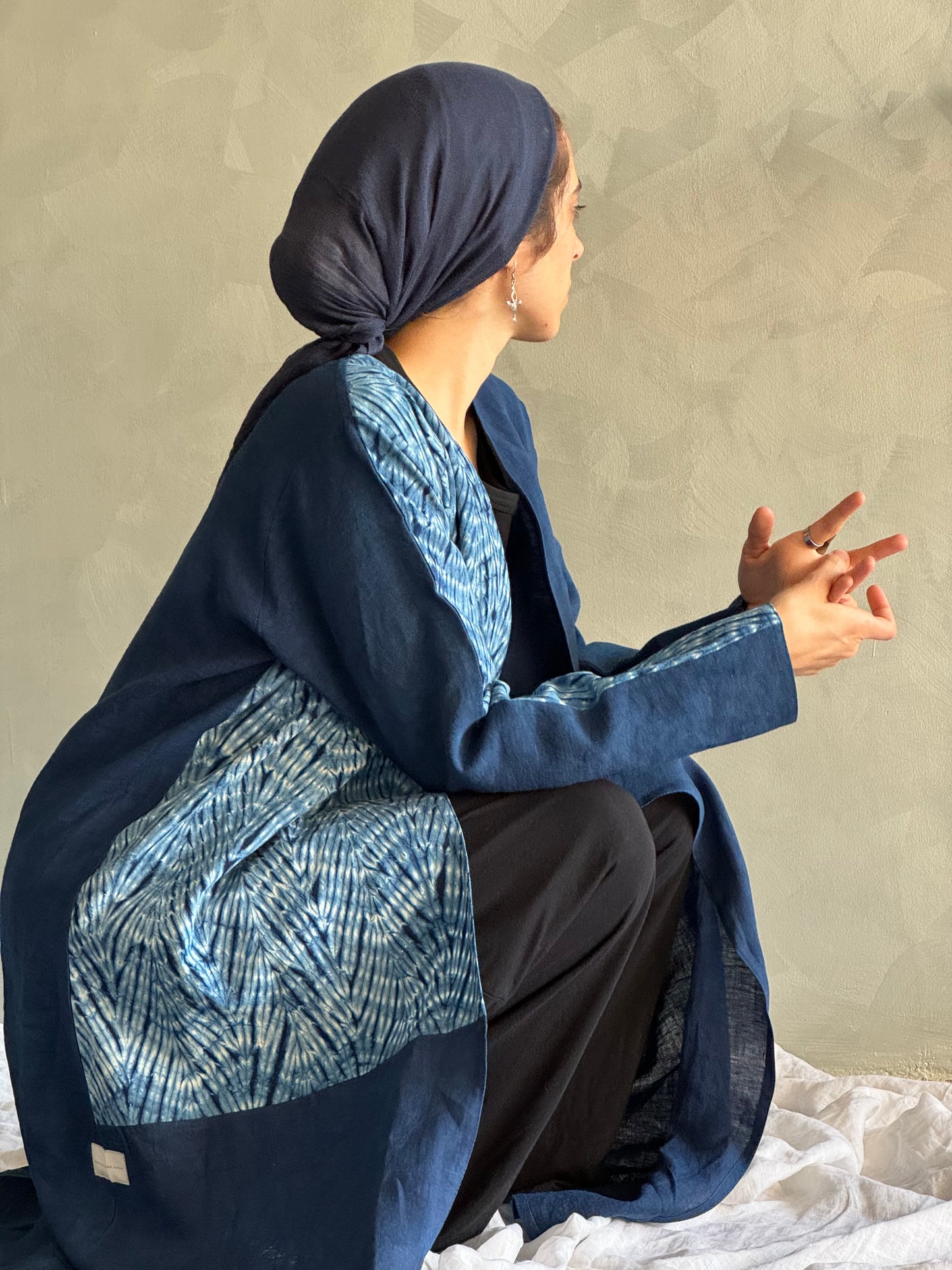 Hand-dyed ebb and flow indigo abaya