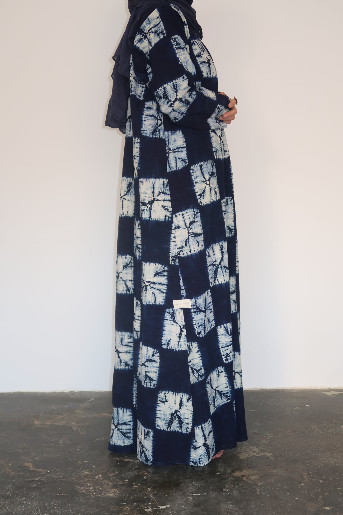 Hand-dyed indigo squares abaya