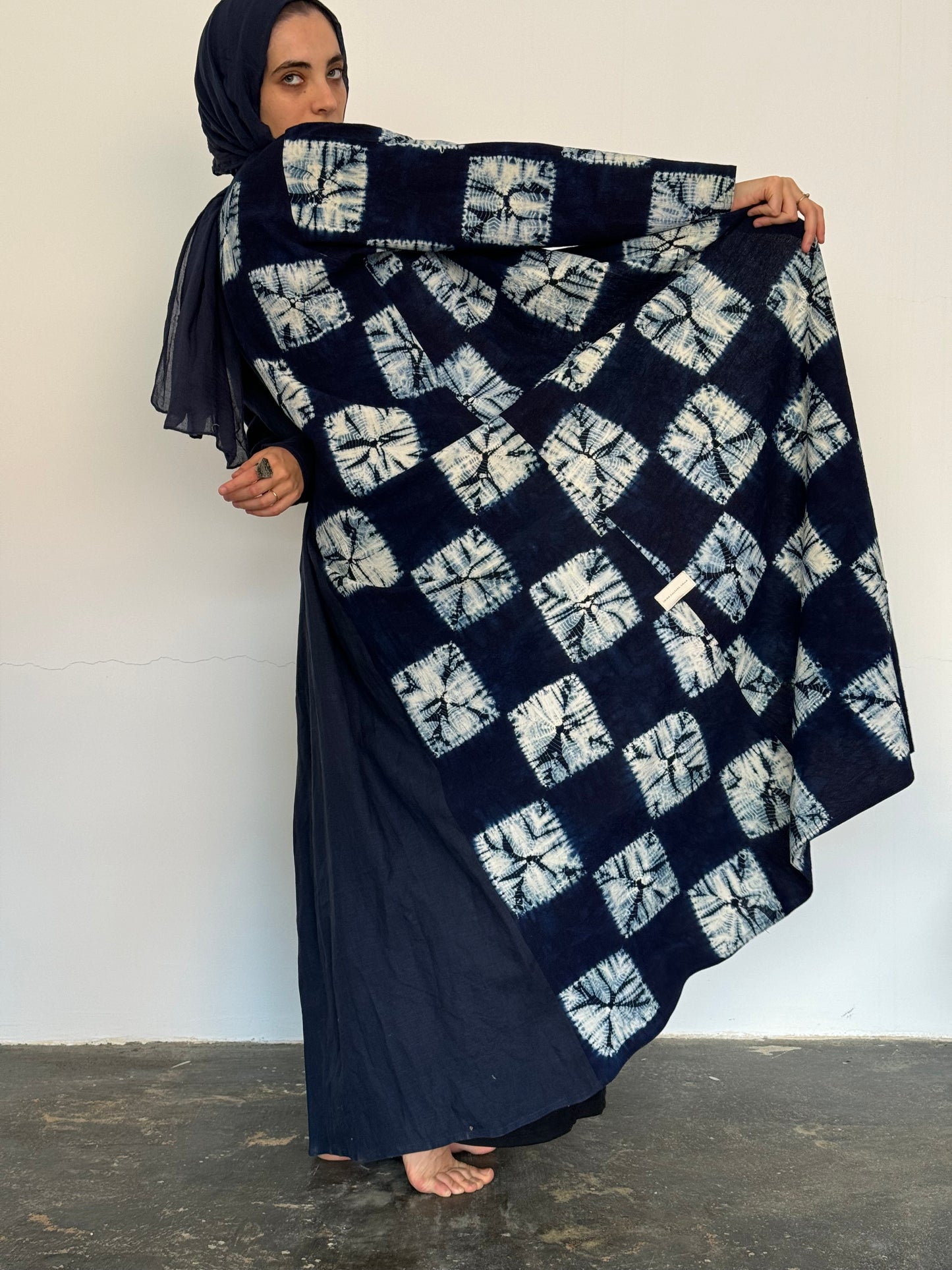 Hand-dyed indigo squares abaya