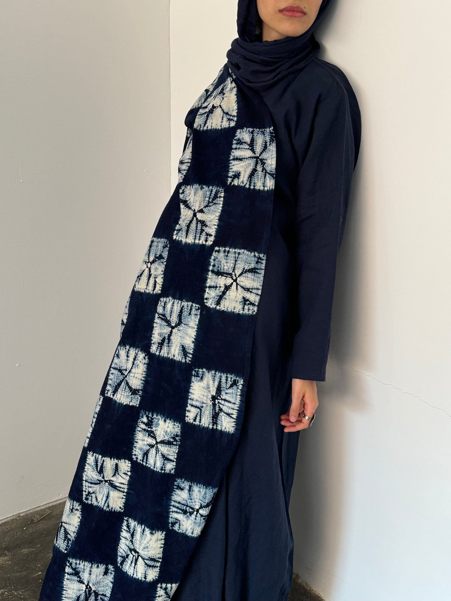 Hand-dyed indigo squares abaya