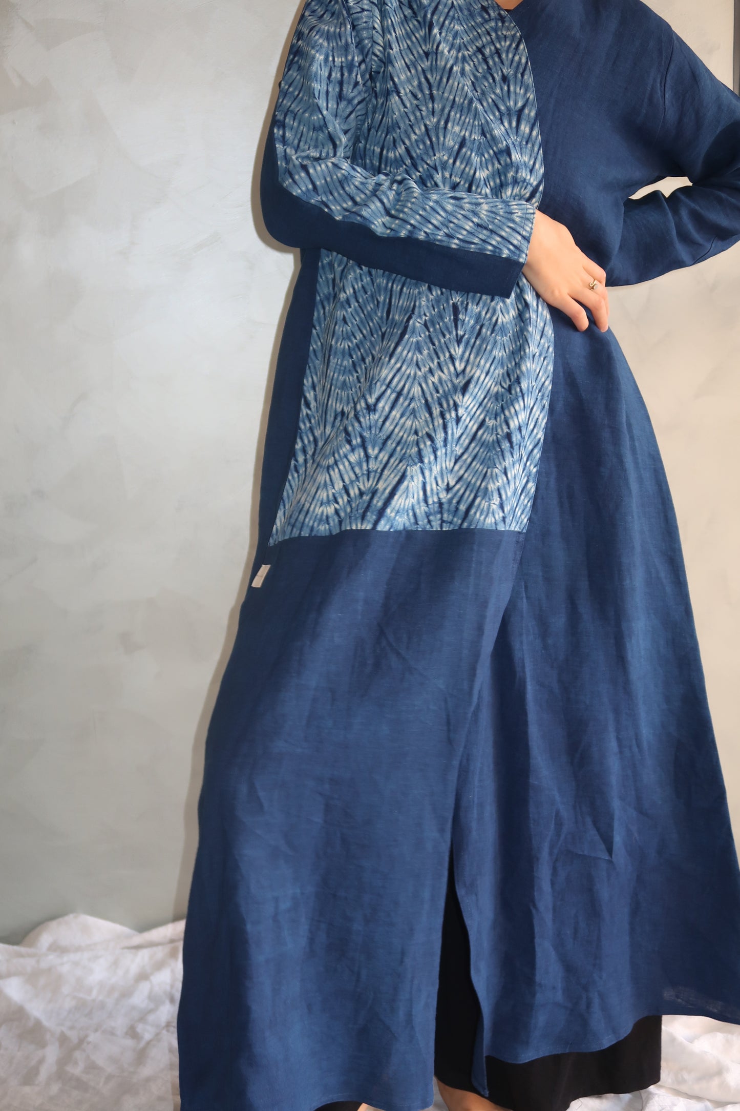 Hand-dyed ebb and flow indigo abaya