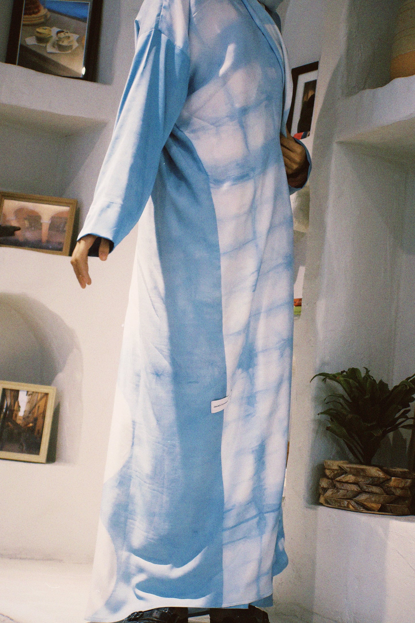 Blue and white handmade silk abaya