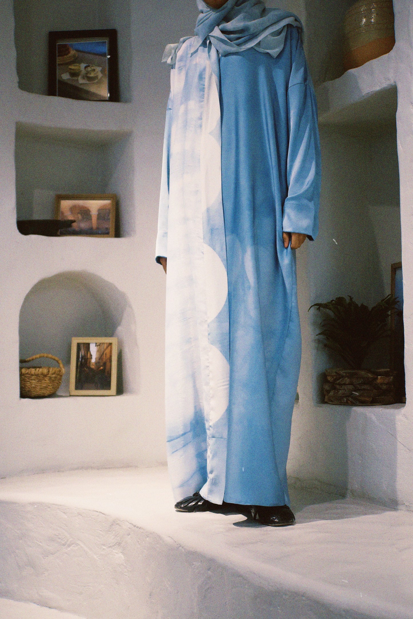 Blue and white handmade silk abaya