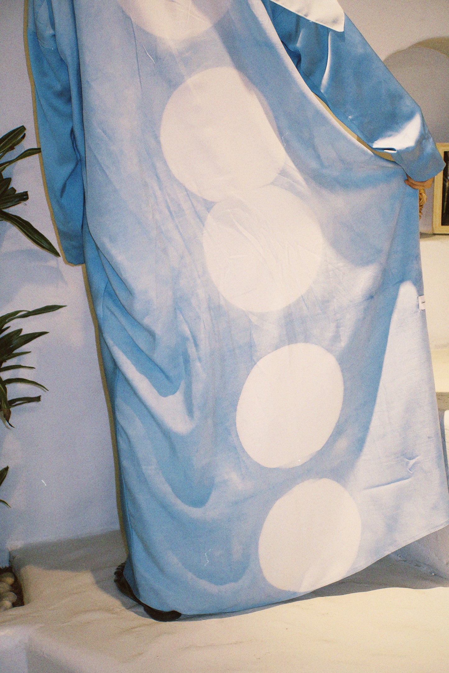 Blue and white handmade silk abaya